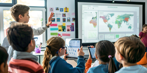 Classroom of Students Engaging with Interactive Learning Tools, Students Using Technology in a Modern Classroom Environment