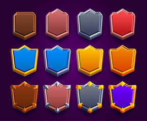 Colorful realistic rank badge frame set. Realistic illustration of shield emblem decorated with stars. Different shapes. Blue, purple, brown golden, silvered, bronze, woody, wood. Achievement, award f