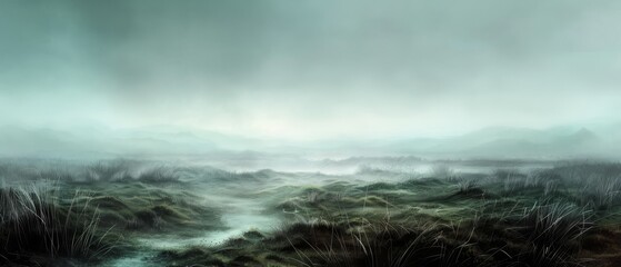 Fototapeta premium A river runs through the center, fog grasps the scene; Grass in foreground