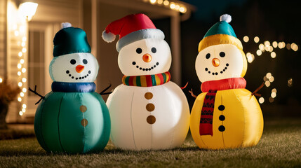 Inflatable snowman family in vibrant colors with scarves and hats displayed on a front lawn under twinkling lights welcoming the New Year 