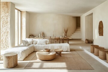 A bright, minimalist living room with a focus on neutral tones and natural textures