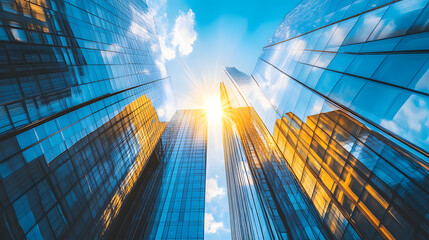 Towering glass skyscrapers reflecting sunlight in a bustling city center with modern architecture