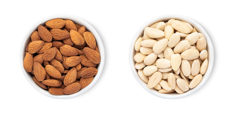 Bowls with organic healthy almond nuts isolated on white background.Top view.