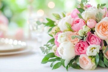 Beautiful wedding table centerpiece with pink and white roses, peonies, and lush greenery