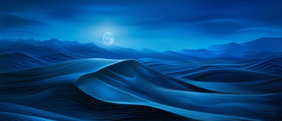  A full moon hovers above mountain peaks, backgrounded by undulating waves in the foreground Moon and mountains merge in distant perspective