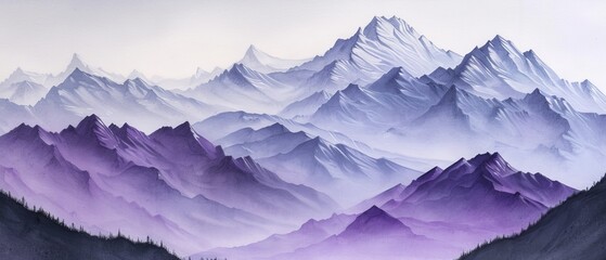 Fototapeta premium Purple and white mountains in the foreground, white sky in background