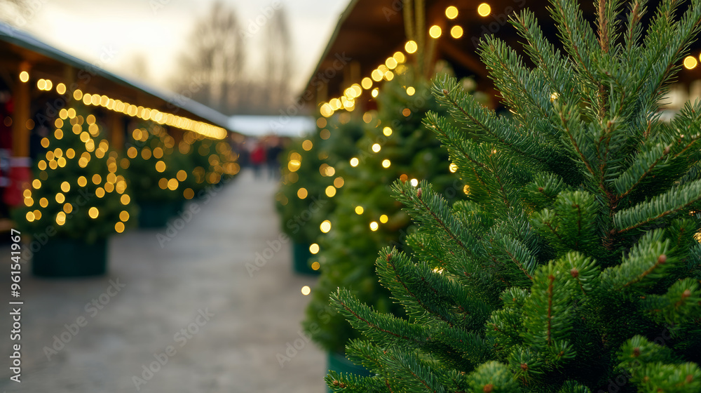 Canvas Prints Market under twinkling lights with rows of evergreen trees and families making selections, capturing the essence of holiday tradition 