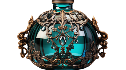 fantasy antique magical bottle, studio view, isolated on transparent background.