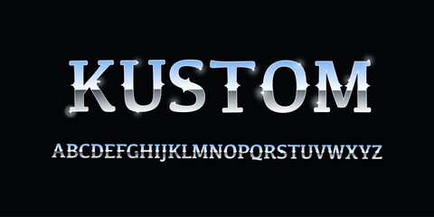 
KUSTOM font is a Vintage connected font named Metal Plate with 3d extrude effect. Metallic Graphic Style for design. Good for garage motorcycle custome culture