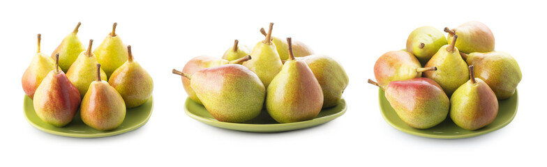 Fresh pears on plate on white background