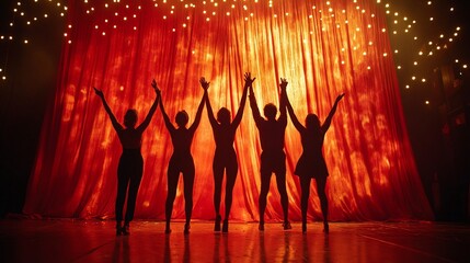 Actors joyfully take their final bow in front of a vibrant red curtain during a live performance