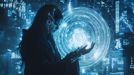 Obraz premium A futuristic witch with cybernetic enhancements casting spells in a dystopian world on Halloween.