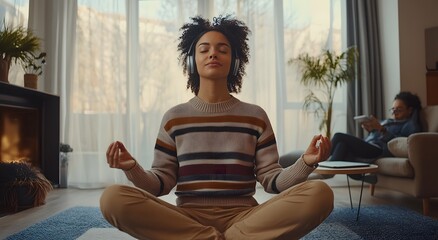 woman is meditating in her living room, wearing headphones and sitting on the floor