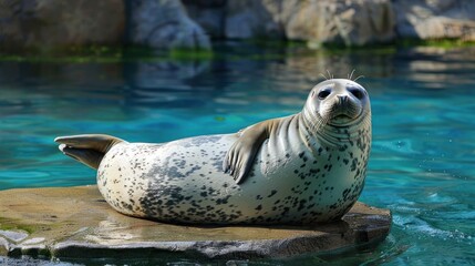 Fototapeta premium Wild animals in unexpected poses, a seal lying on its side, waving a flipper