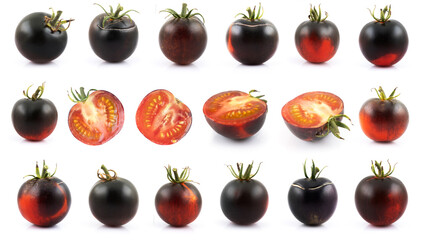 black tomatoes cultivars isolated on white background. Various shapes of tomatoes. Vegetables