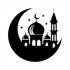 Black silhouette of a Islamic mosque and crescent with lanterns. Eid Mubarak logo. vector illustration