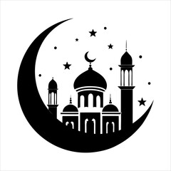 Mosque with Moon. Black silhouette of a Islamic mosque and crescent with lanterns. Eid Mubarak logo. vector illustration