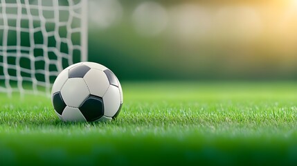 Fototapeta premium Soccer ball in goal. Goal net. Soccer border on green football grass field.