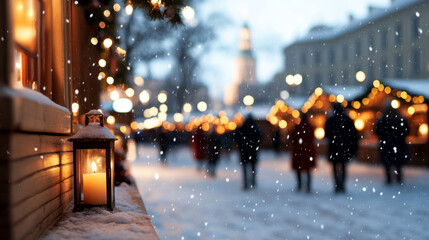 Outdoor Christmas bazaar with snow falling lightly, vendors selling festive candles and ornaments, warm glow from stall lights 