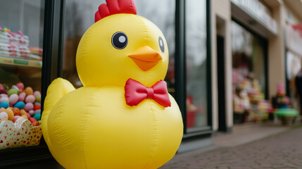 Oversized inflatable Easter chick wearing a bow tie standing next to a shop window full of colorful treats playful and festive vibe 