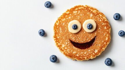 Pancake monster with syrup smile, butter eyes, and blueberry hands isolated in the center on a white background 
