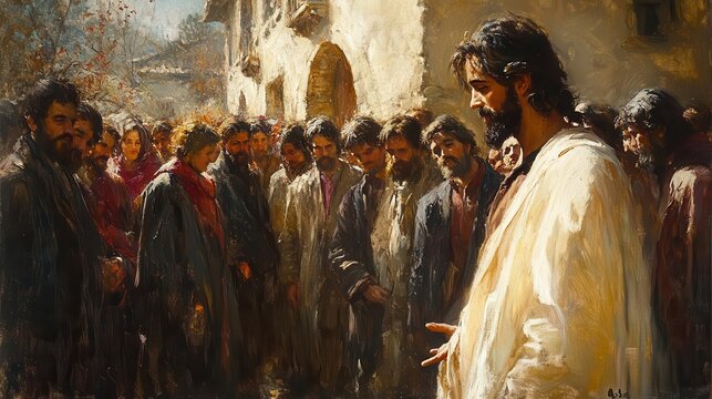 impressionist painting of a woman discreetly touching jesuss robe in a crowded scene soft ethereal brushstrokes convey a sense of miraculous healing and faith