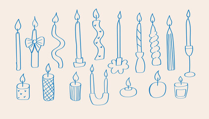 Set of drawing fashionable candle and candlestick in doodle outline style. Burning tea light candles isolated on white background