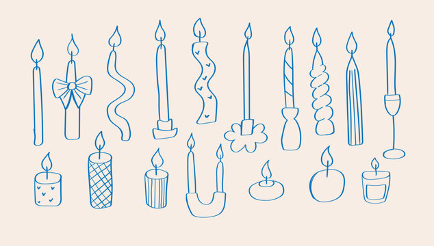 Set of drawing fashionable candle and candlestick in doodle outline style. Burning tea light candles isolated on white background