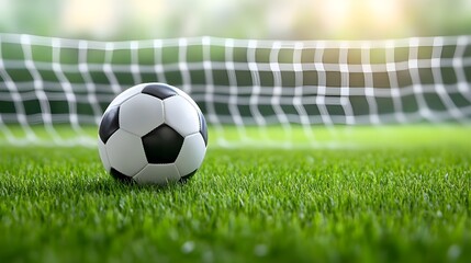 Soccer ball in goal. Goal net. Soccer border on green football grass field.