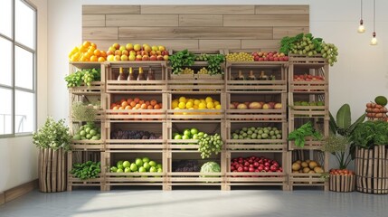 A spacious indoor area featuring an extensive wooden crate display filled with a variety of fresh fruits like oranges, apples, and bananas. Greenery and potted plants add a lively touch to the scene.