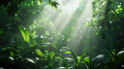 Sunlight filtering through a dense forest canopy, creating a serene atmosphere