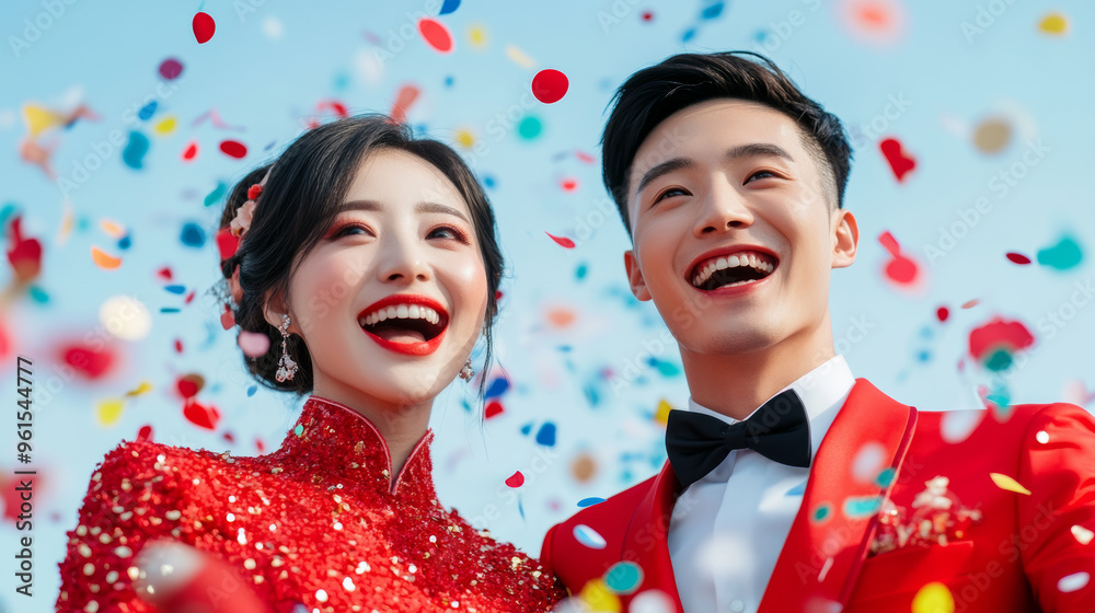 Sticker Playful Chinese couple in red qipao and changshan throwing confetti during New Year celebration 