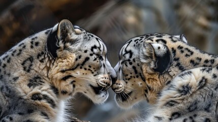 Obraz premium Rare animals showing affection, a pair of snow leopards nuzzling each other