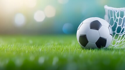 Fototapeta premium Soccer ball in goal. Goal net. Soccer border on green football grass field.