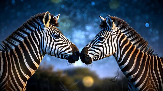 Two zebras facing each other under a starry night sky, wildlife connection concept