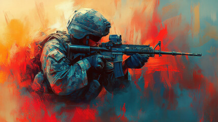 A soldier, focused and ready to fire, is engaged in a vibrant, chaotic battle