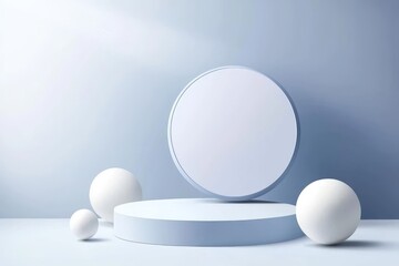 An abstract room concept rendered in 3D. A minimalist wall scene featuring light blue color and geometric backdrop. A sphere ball in the center of the scene.