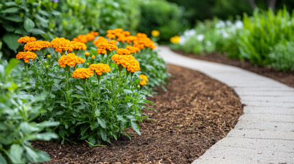 Preparing garden beds with straw mulch for winter protection, surrounded by late-blooming marigolds, rustic setting 