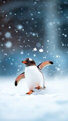 Fototapeta premium Charming penguin sliding across a snowy landscape, with snowflakes falling on its feathers and the wintery setting adding to the playful atmosphere.