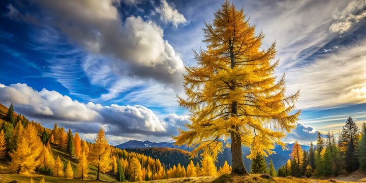 A majestic tamarack tree stands tall amidst a backdrop of autumnal hues, its needle-covered branches stretching towards the sky, rustling gently in the breeze.