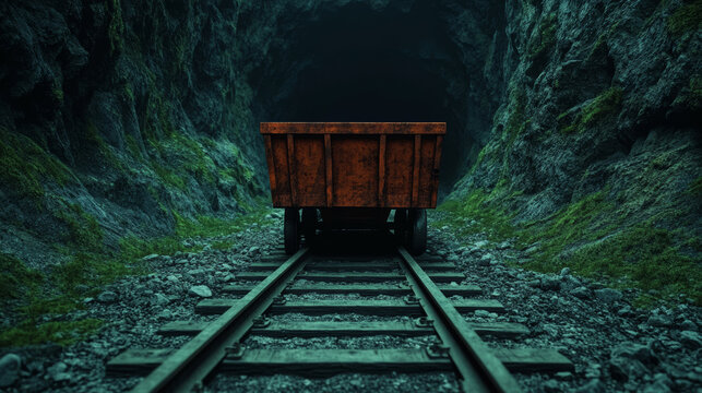Rusty mining carts abandoned on overgrown tracks leading into a dark cave entrance, eerie and mysterious vibe 