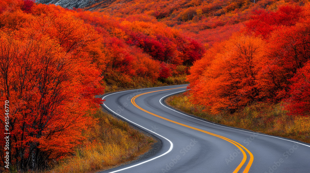 Sticker Scenic view of a curving road enveloped by red and orange fall foliage in New England isolated on a gradient background 