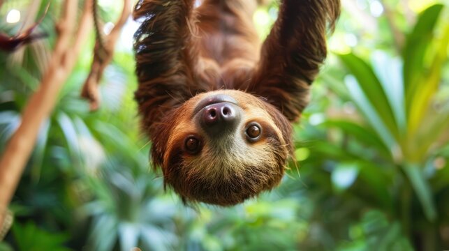 Funny animal poses, a sloth hanging upside down with a goofy expression