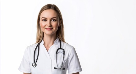 Young smiling lady doctor wearing apron with confident look,stethoscope hanging her neck on white background.Macro.AI Generative.