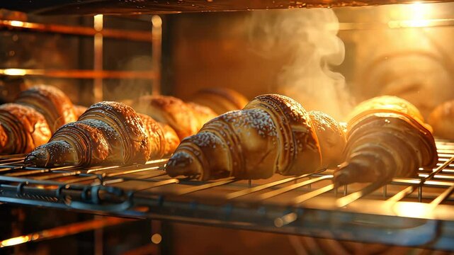 Freshly baked croissants in oven with golden crust, culinary delight concept