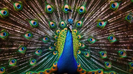 Exotic animals like a peacock spreading its colorful feathers in a display