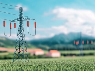 A single electricity pylon stands tall in a grassy field, with mountains and houses in the background.