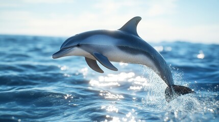 Fototapeta premium Close-up of a playful dolphin leaping out of the crystal-clear ocean, with sunlight reflecting off its sleek, streamlined body.