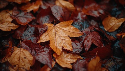 Close-Up of Wet Autumn Leaves with Water Droplets