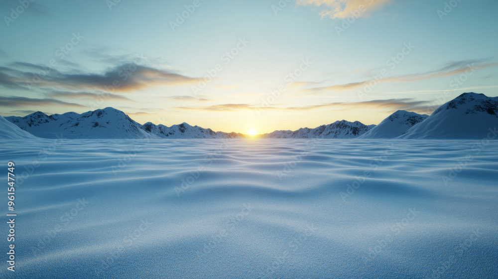 Wall mural Snow-covered Arctic landscape under the midnight sun soft warm light casting long shadows over ice fields 